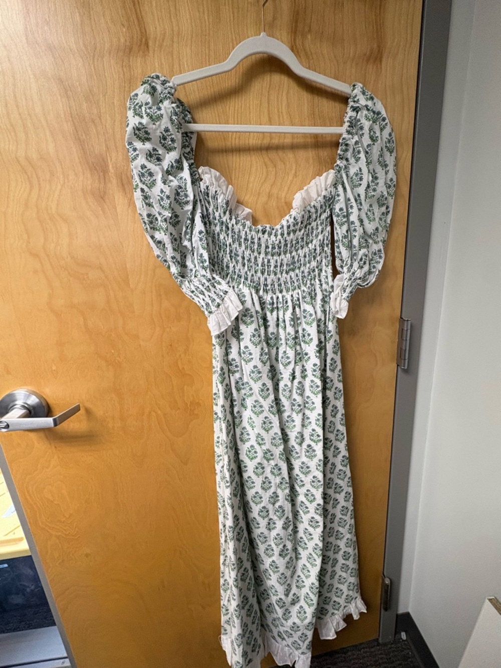 White Maxi Dress with Green Floral Print and Smocked Bodice